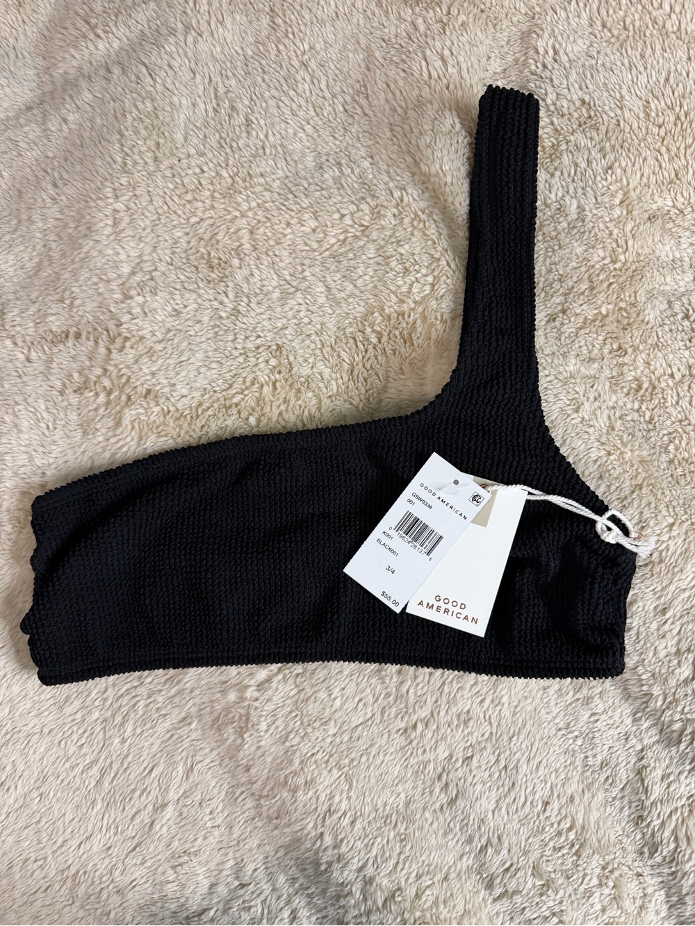 Good American Black Textured One-Shoulder Swim Top